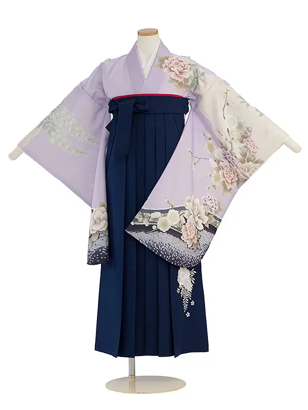 小学生卒業式かんたん袴（女の子）A130 ラベンダー 梅牡丹鹿の子／紺袴