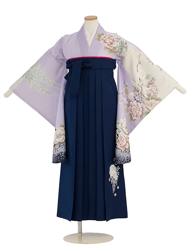 小学生卒業式かんたん袴（女の子）A130 ラベンダー 梅牡丹鹿の子／紺袴