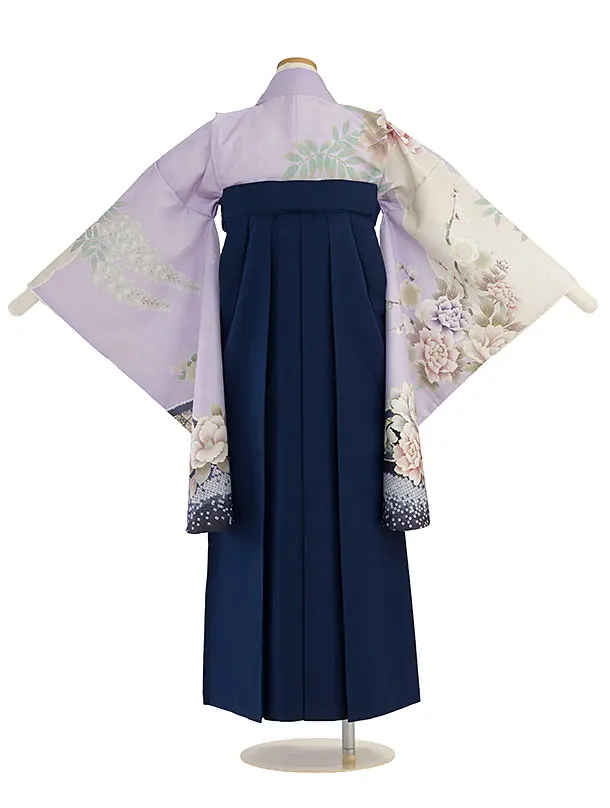 小学生卒業式かんたん袴（女の子）A130 ラベンダー 梅牡丹鹿の子／紺袴