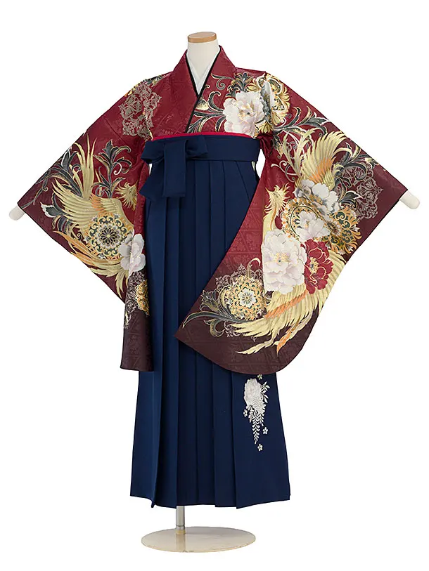 小学生卒業式かんたん袴（女の子）A131 赤 牡丹鳳凰／紺袴
