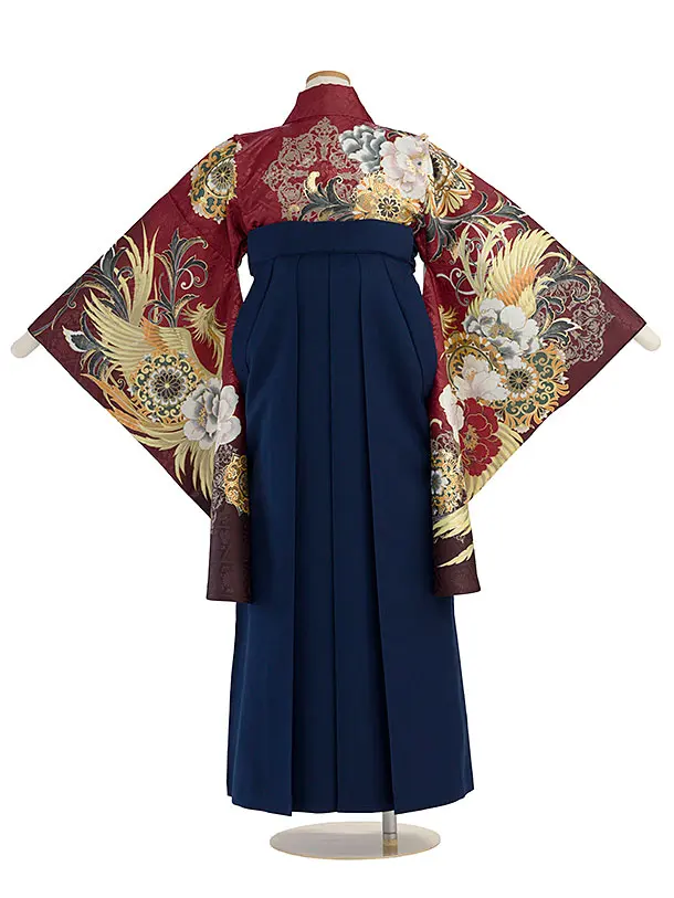 小学生卒業式かんたん袴（女の子）A131 赤 牡丹鳳凰／紺袴