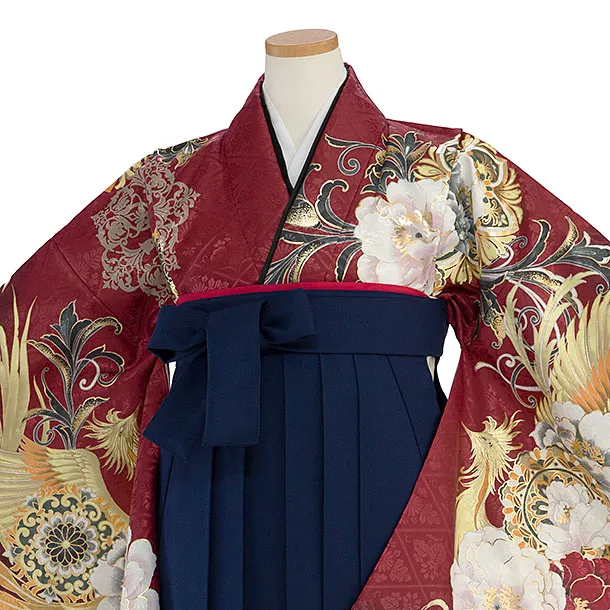 小学生卒業式かんたん袴（女の子）A131 赤 牡丹鳳凰／紺袴