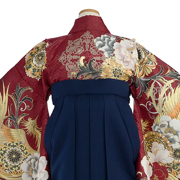 小学生卒業式かんたん袴（女の子）A131 赤 牡丹鳳凰／紺袴