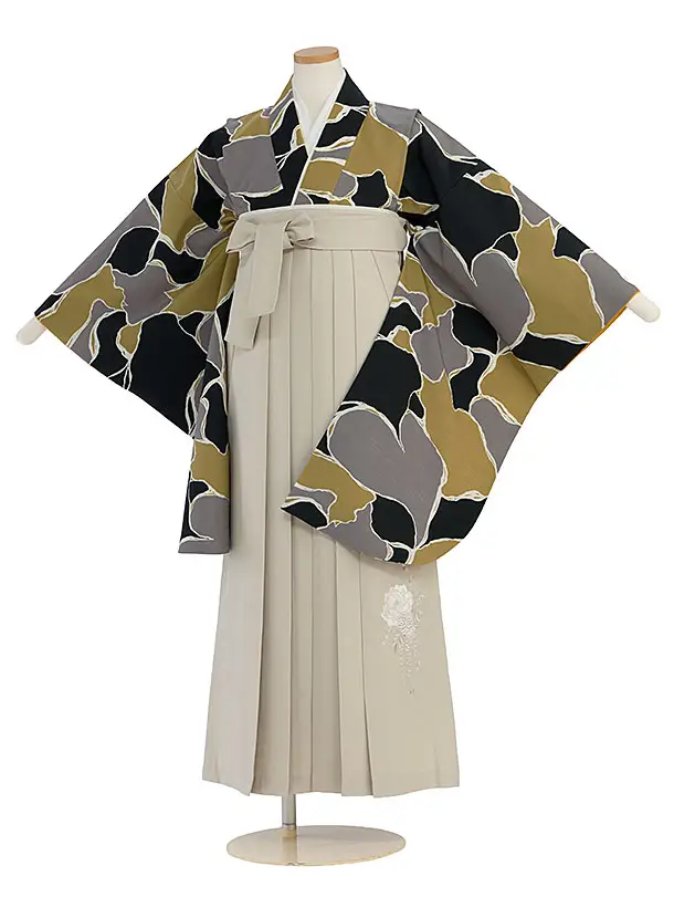 小学生卒業式かんたん袴（女の子）A132 黒黄土グレー 猫／ベージュ袴