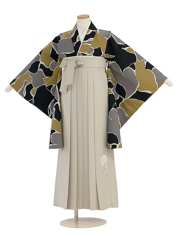 小学生卒業式かんたん袴（女の子）A132 黒黄土グレー 猫／ベージュ袴