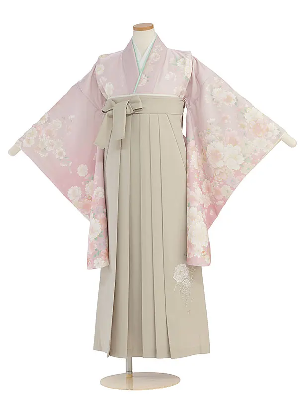 小学生卒業式かんたん袴（女の子）A133 くすみピンクぼかし 桜／ベージュ袴