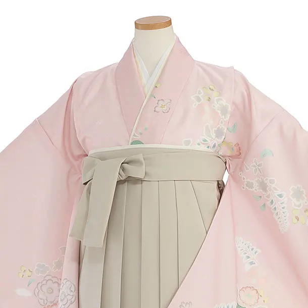 小学生卒業式かんたん袴（女の子）A134 ピンク 辻が花風／ベージュ袴