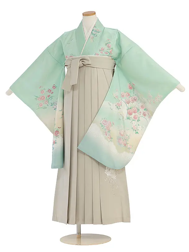 小学生卒業式かんたん袴（女の子）A135 緑 四季花／ベージュ袴
