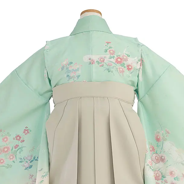 小学生卒業式かんたん袴（女の子）A135 緑 四季花／ベージュ袴