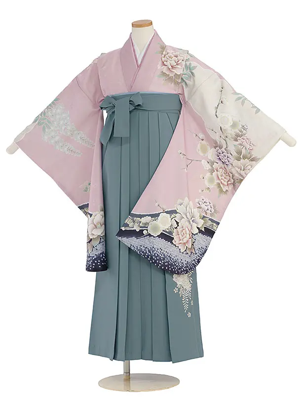 小学生卒業式かんたん袴（女の子）A137 ピンク 梅牡丹鹿の子／藍鼠色袴