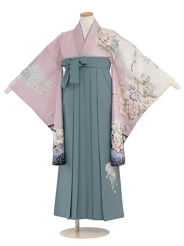 小学生卒業式かんたん袴（女の子）A137 ピンク 梅牡丹鹿の子／藍鼠色袴