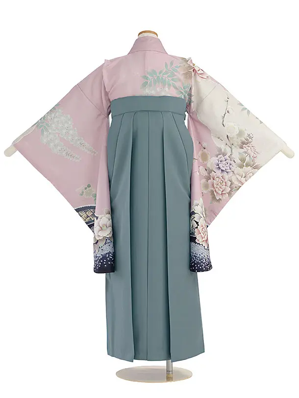 小学生卒業式かんたん袴（女の子）A137 ピンク 梅牡丹鹿の子／藍鼠色袴