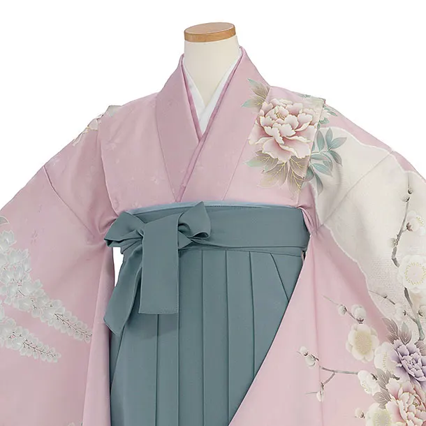 小学生卒業式かんたん袴（女の子）A137 ピンク 梅牡丹鹿の子／藍鼠色袴