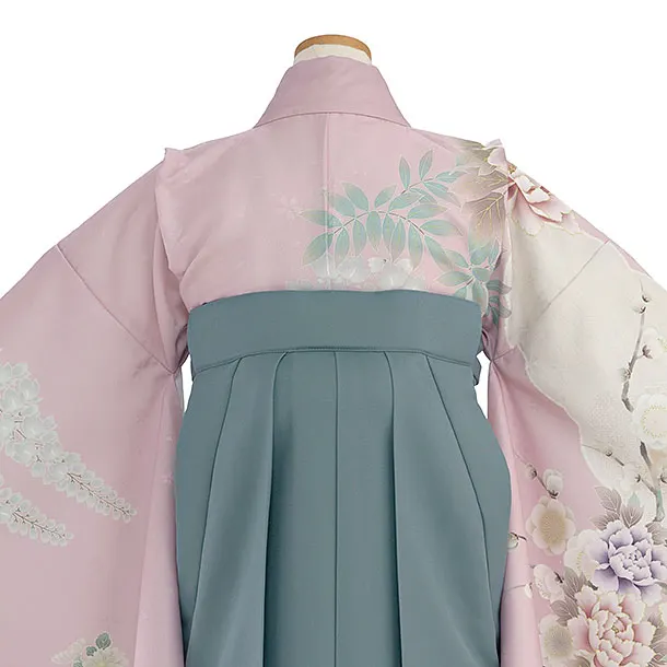 小学生卒業式かんたん袴（女の子）A137 ピンク 梅牡丹鹿の子／藍鼠色袴