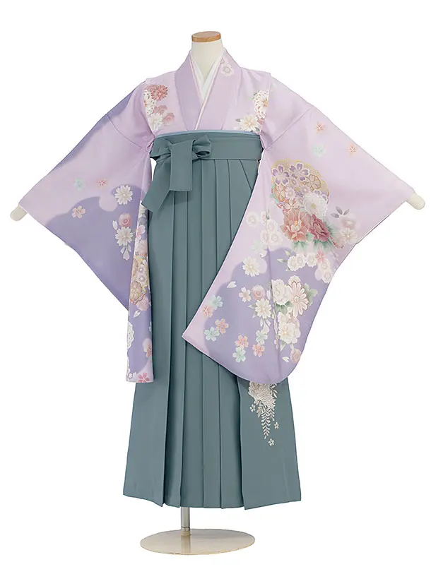 小学生卒業式かんたん袴（女の子）A138 パープル 華雪輪／藍鼠色袴