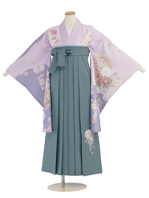 小学生卒業式かんたん袴（女の子）A138 パープル 華雪輪／藍鼠色袴
