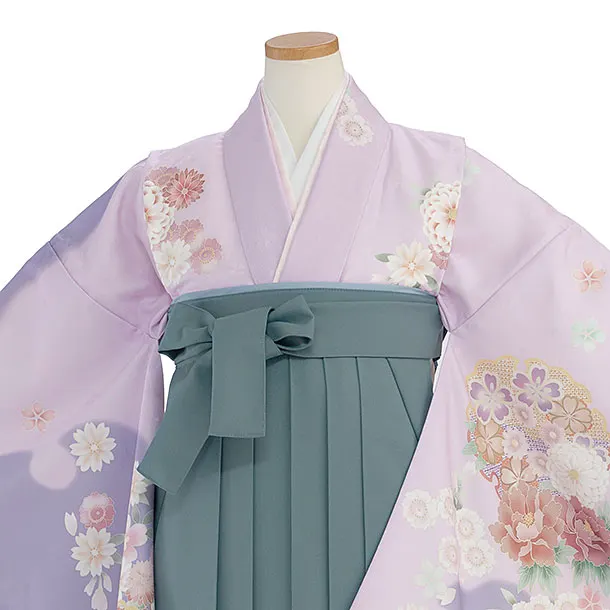 小学生卒業式かんたん袴（女の子）A138 パープル 華雪輪／藍鼠色袴