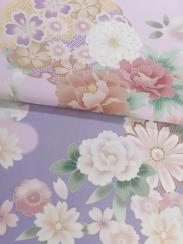 小学生卒業式かんたん袴（女の子）A138 パープル 華雪輪／藍鼠色袴