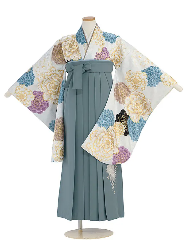 小学生卒業式かんたん袴（女の子）A139 白 牡丹菊／藍鼠色袴