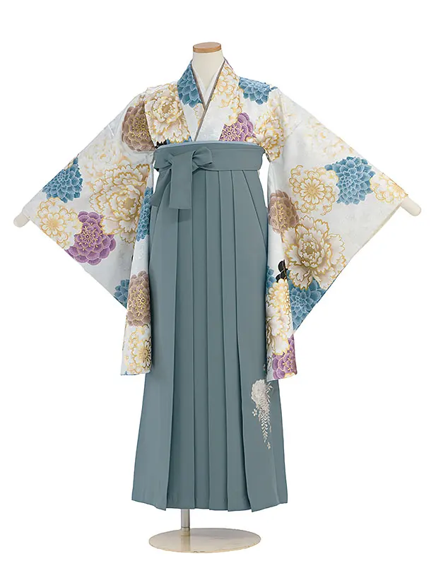 小学生卒業式かんたん袴（女の子）A139 白 牡丹菊／藍鼠色袴