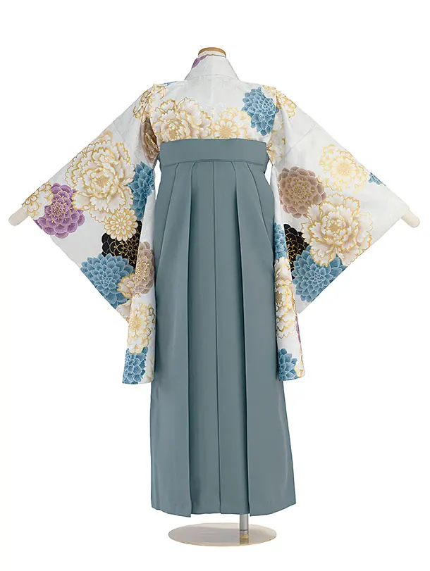 小学生卒業式かんたん袴（女の子）A139 白 牡丹菊／藍鼠色袴