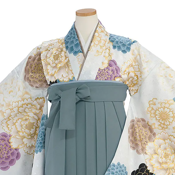 小学生卒業式かんたん袴（女の子）A139 白 牡丹菊／藍鼠色袴