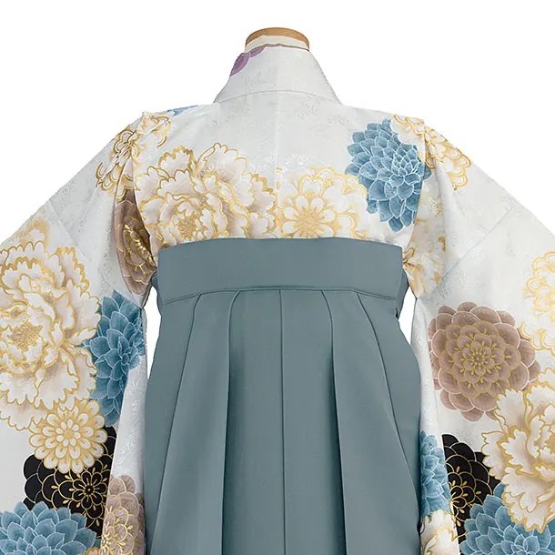 小学生卒業式かんたん袴（女の子）A139 白 牡丹菊／藍鼠色袴
