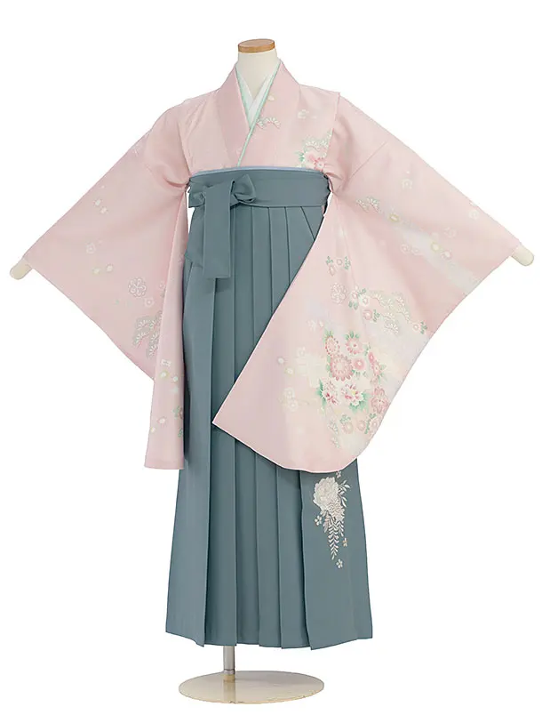 小学生卒業式かんたん袴（女の子）A140 ピンク 華瑞祥／藍鼠色袴