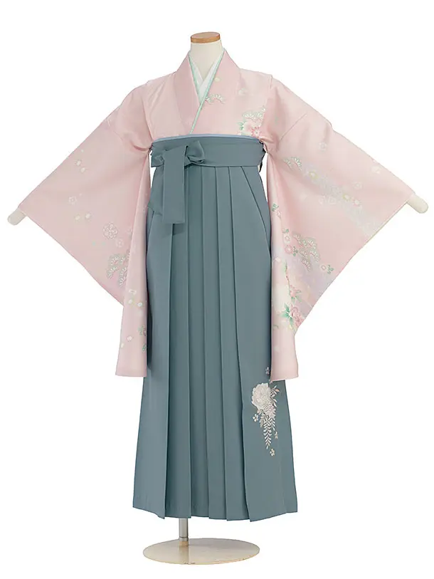 小学生卒業式かんたん袴（女の子）A140 ピンク 華瑞祥／藍鼠色袴