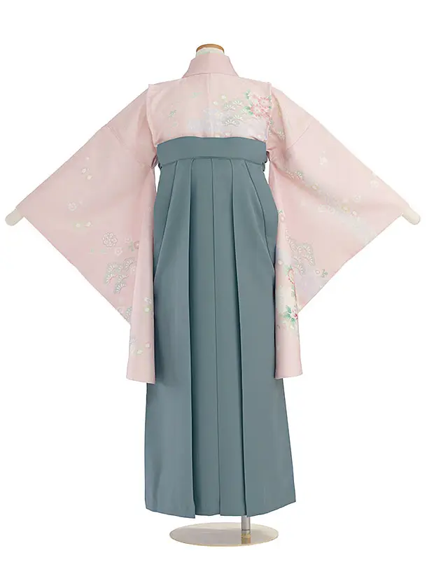 小学生卒業式かんたん袴（女の子）A140 ピンク 華瑞祥／藍鼠色袴