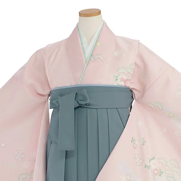 小学生卒業式かんたん袴（女の子）A140 ピンク 華瑞祥／藍鼠色袴