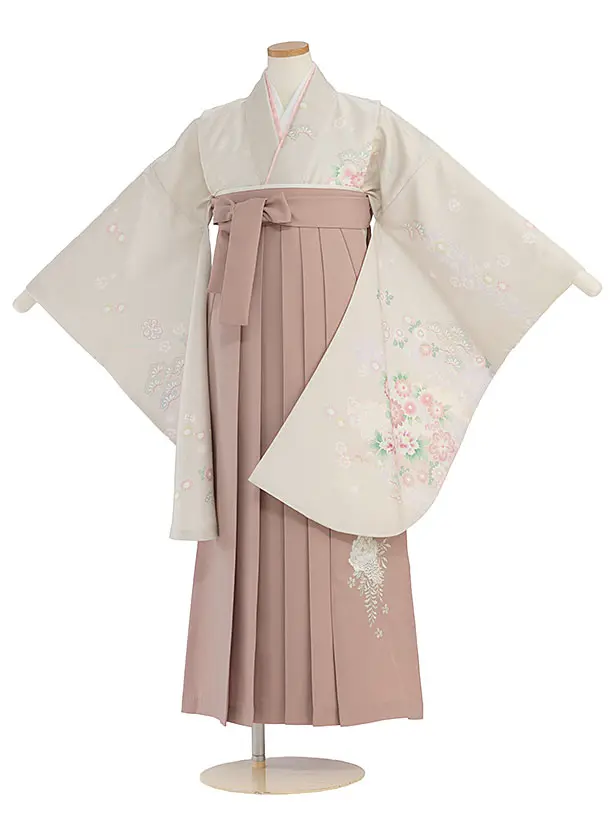 小学生卒業式かんたん袴（女の子）A141 ベージュ 秀花瑞祥／ピンクベージュ袴
