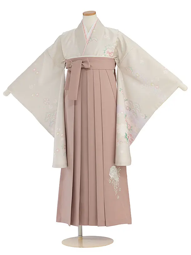 小学生卒業式かんたん袴（女の子）A141 ベージュ 秀花瑞祥／ピンクベージュ袴