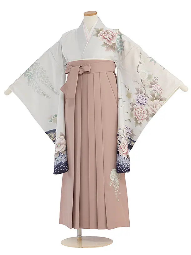 小学生卒業式かんたん袴（女の子）A143 淡グレー鹿の子梅牡丹／ピンクベージュ袴