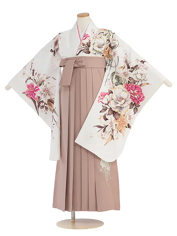 小学生卒業式かんたん袴（女の子）A144 オフホワイト牡丹ゆり／ピンクベージュ袴