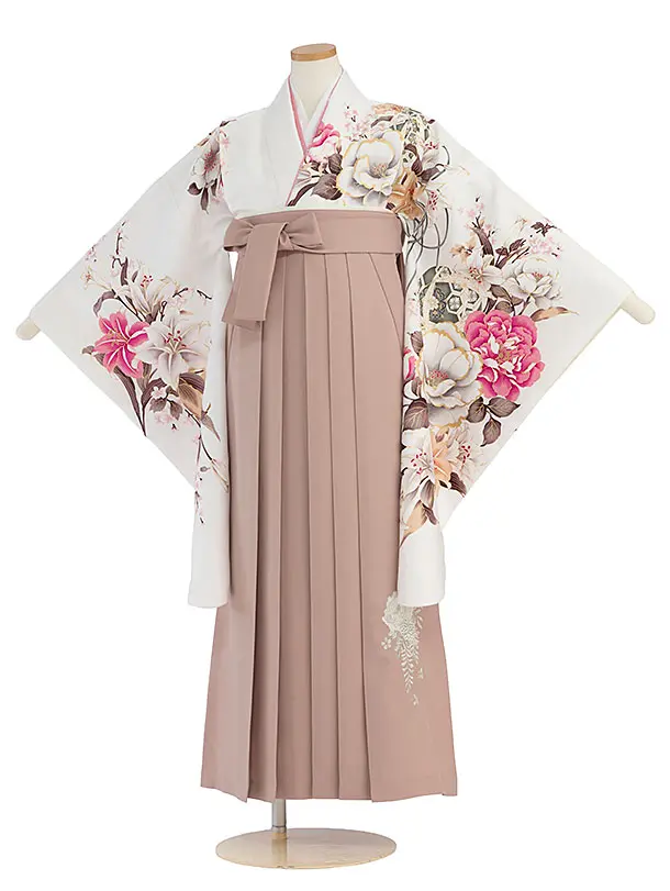 小学生卒業式かんたん袴（女の子）A144 オフホワイト牡丹ゆり／ピンクベージュ袴