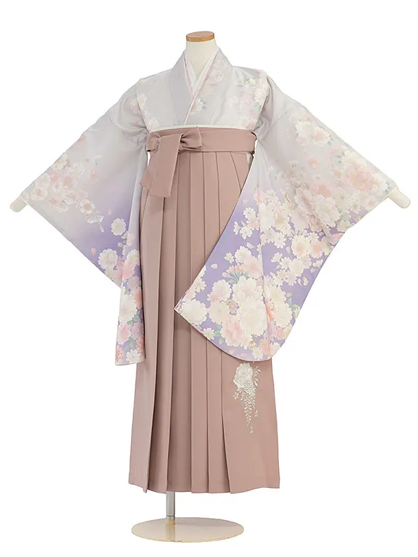 小学生卒業式かんたん袴（女の子）A145 淡グレーぼかし 桜／ピンクベージュ袴