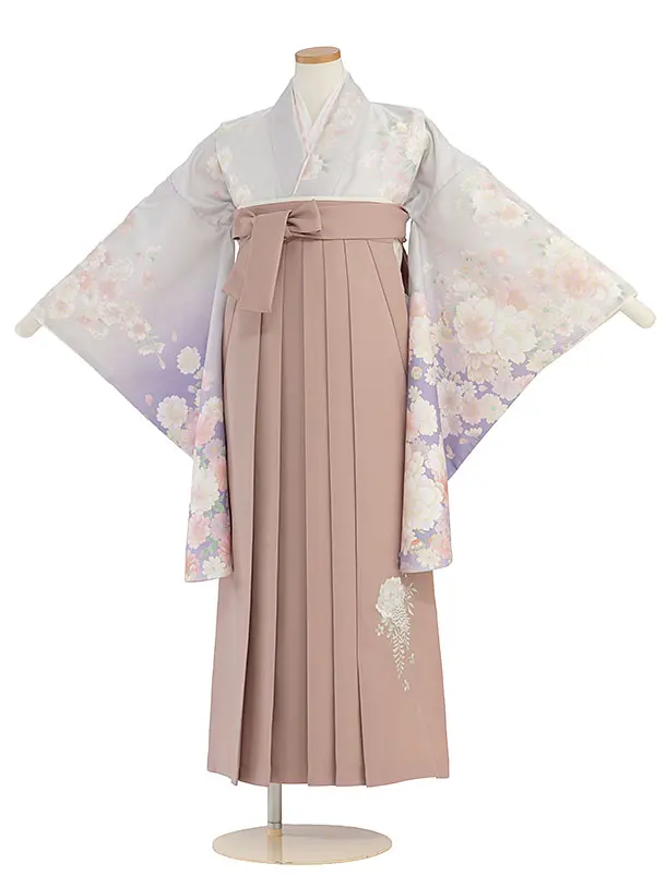 小学生卒業式かんたん袴（女の子）A145 淡グレーぼかし 桜／ピンクベージュ袴