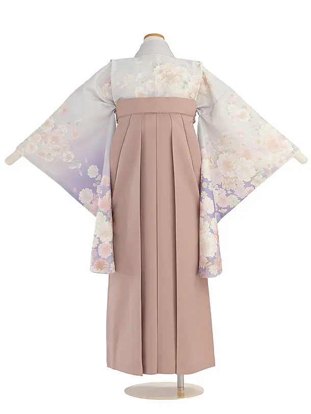 小学生卒業式かんたん袴（女の子）A145 淡グレーぼかし 桜／ピンクベージュ袴