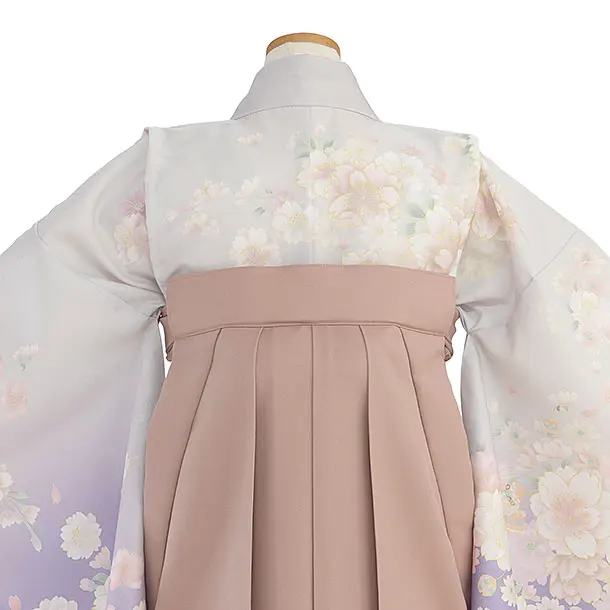 小学生卒業式かんたん袴（女の子）A145 淡グレーぼかし 桜／ピンクベージュ袴