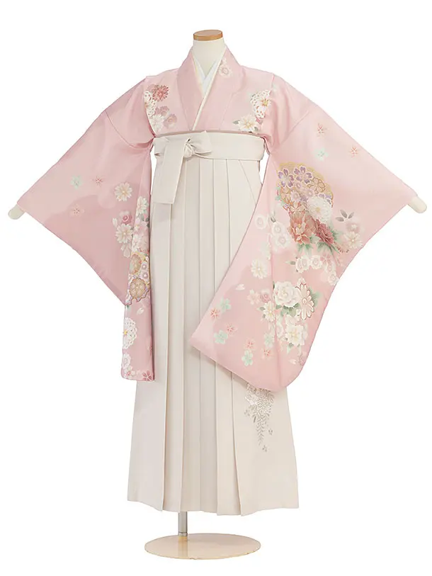 小学生卒業式かんたん袴（女の子）A146 ピンク 華雪輪／オフホワイト袴