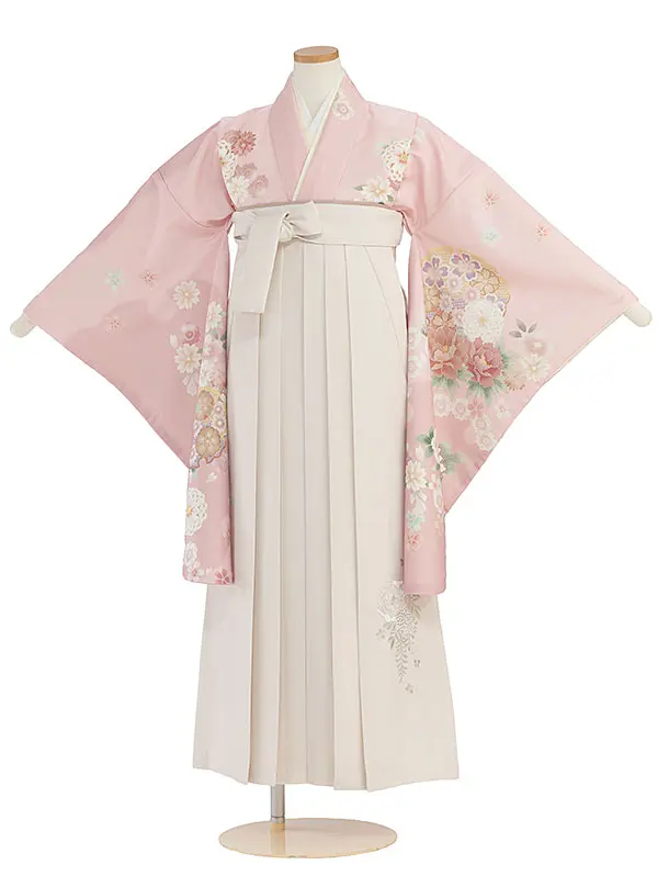 小学生卒業式かんたん袴（女の子）A146 ピンク 華雪輪／オフホワイト袴