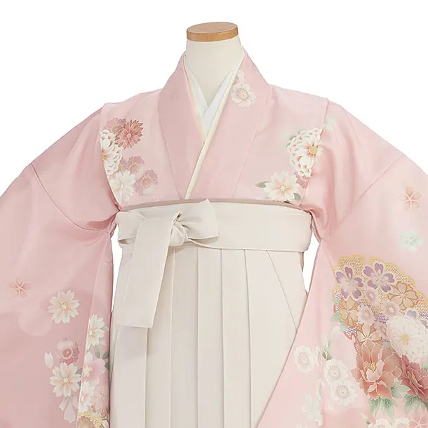 小学生卒業式かんたん袴（女の子）A146 ピンク 華雪輪／オフホワイト袴