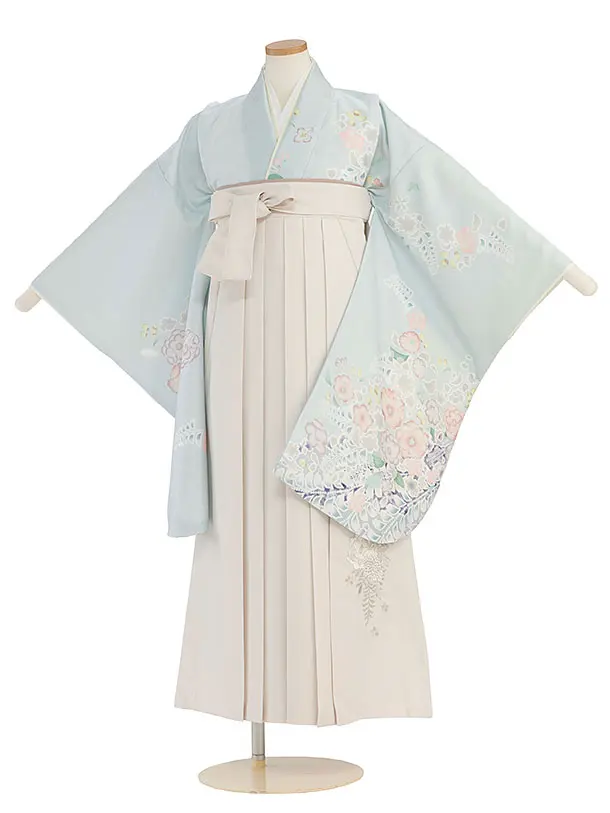 小学生卒業式かんたん袴（女の子）A147 薄水色 辻が花風／オフホワイト袴