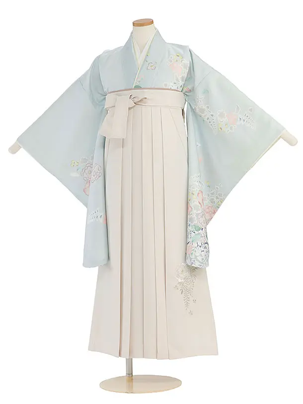 小学生卒業式かんたん袴（女の子）A147 薄水色 辻が花風／オフホワイト袴