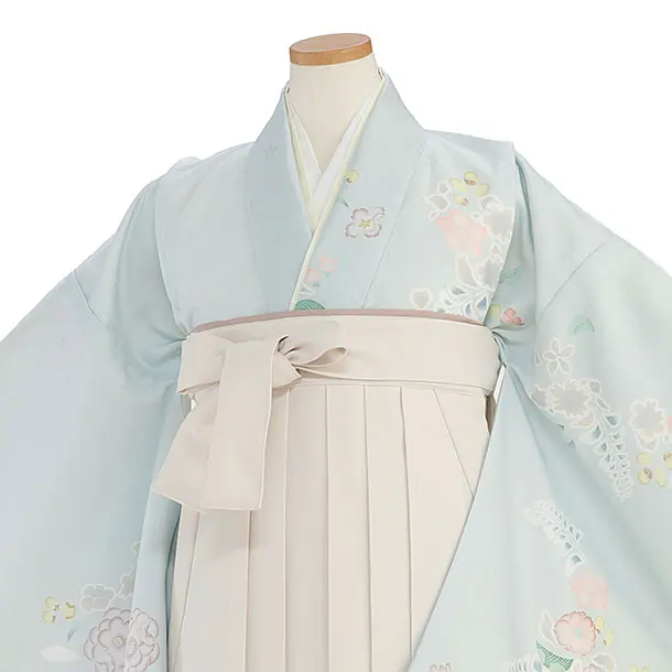 小学生卒業式かんたん袴（女の子）A147 薄水色 辻が花風／オフホワイト袴