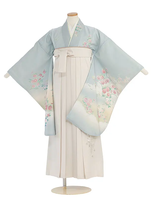 小学生卒業式かんたん袴（女の子）A148 ブルーグレー 四季花／オフホワイト袴