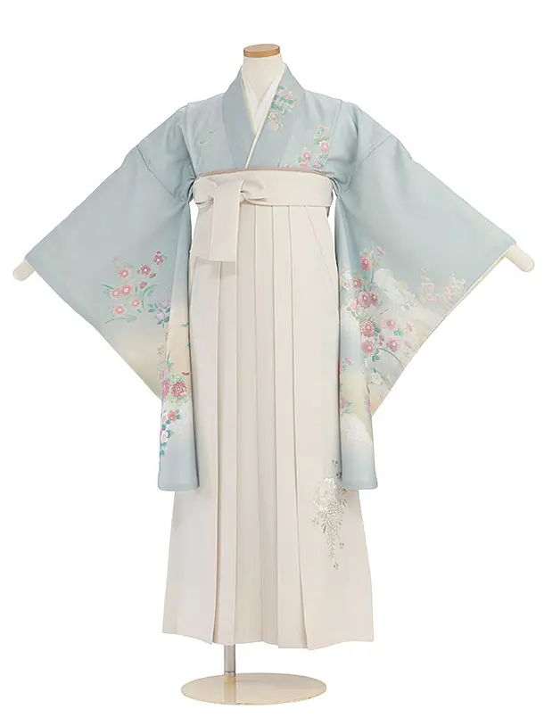 小学生卒業式かんたん袴（女の子）A148 ブルーグレー 四季花／オフホワイト袴