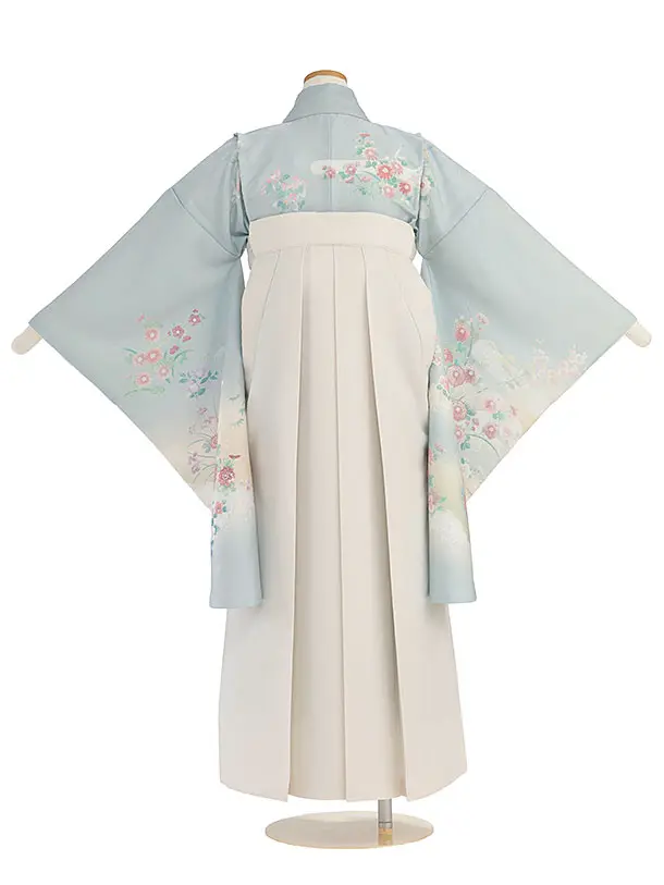 小学生卒業式かんたん袴（女の子）A148 ブルーグレー 四季花／オフホワイト袴