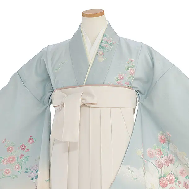 小学生卒業式かんたん袴（女の子）A148 ブルーグレー 四季花／オフホワイト袴